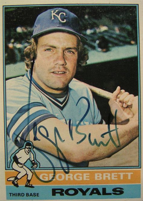 George Brett, is an former AL third baseman. He played his entire 21-year career for the Kansas City Royals. Brett's 3,154 career hits are the most by any third baseman in major league history and 16th all-time. Brett is one of four players in MLB history to accumulate 3,000 hits, 300 home runs, and a career .300 batting average (the others being Hank Aaron, Willie Mays, and Stan Musial). To date, Brett is the only player in MLB history to win a batting title in three different decades. Fantasy Football Trophy, George Brett, Baseball Cards For Sale, Royals Baseball, Reggie Jackson, Willie Mays, Baseball Boys, Kc Royals, Kansas City Royals