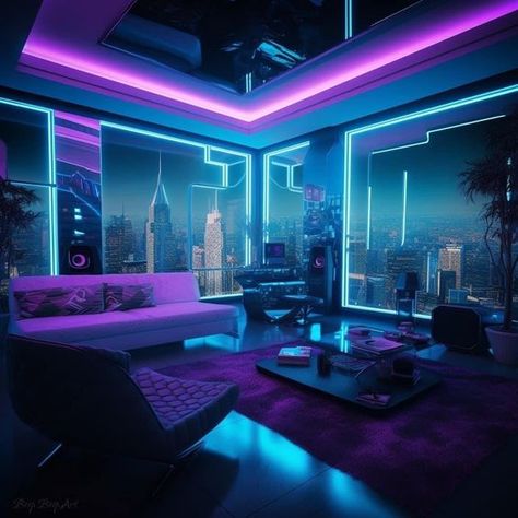 Gaming Room Futuristic, Bedroom Cyberpunk, Cyberpunk Aesthetic Room, Socials Aesthetic, Synthwave Room, Cyberpunk Interior Design, Futuristic Rooms, Cyberpunk Bedroom, Cyberpunk House