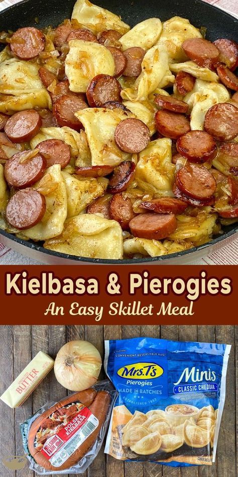 Browned onions in butter make a simple sauce for this easy one skillet meal with Polish origins of Pierogies and Kielbasa. Dinner doesn’t get much better than potato and cheese stuffed mini Pierogi served with warm smoked sausage or Kielbasa! Easy Lazy Dinners, Sausage And Pierogies Sheet Pan, Kalbasa And Perogies, Pierogies And Kielbasa Blackstone, Camping Food Ideas Dinner Easy Meals, Kielbasa And Perogies Recipes Crockpot, Crock Pot Perogies And Kielbasa, Recipes Using Pierogies, Kielbasa Dinner Recipes Easy Meals