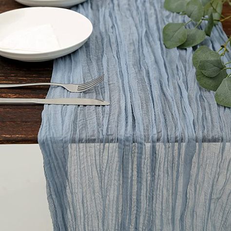 Amazon.com: DOLOPL Dusty Blue Cheesecloth Table Runner 13.3ft Boho Gauze Cheese Cloth Table Runner Rustic Sheer Runner 160inch Long for Wedding Bridal Baby Shower Birthday Party Cake Table Decorations : Home & Kitchen Romantic Dinner Tables, Party Cake Table, Cheesecloth Table Runner, Rustic Wedding Showers, Rustic Table Runners, Long Table Runner, Farmhouse Style Table, Blue Bridal Shower, Cake Table Decorations