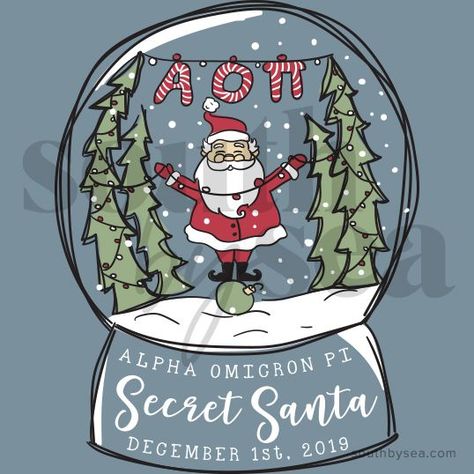 Sorority Christmas Shirts, Christmas Party Centerpieces, Holiday Shirt Ideas, Greek Holiday, Greek Christmas, Santa Snow Globe, Sorority Themes, Recruitment Ideas, Sorority Banner