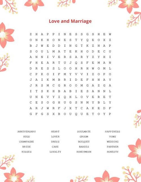 Love and Marriage Word Search Puzzle Couples Crossword Puzzle, Words Related To Love, Couples Puzzle, Easy Word Search, Dates Ideas, Marriage Words, Puzzle Maker, Word Search Games, Hidden Words