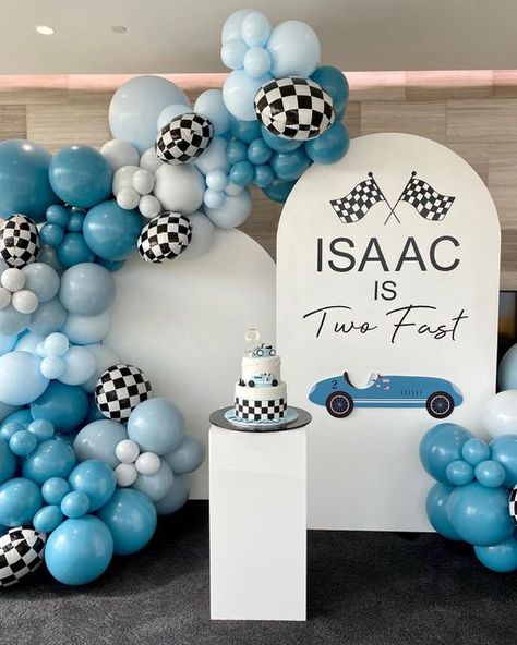 Melbourne Prop & Event Hire on Instagram: "Loving this vintage racing car theme 🏁🤍 . . Props + balloons + signage by us @lifesroseyeventhire Desserts @chantalpatisserie Cutout @paper_nco Cake TBC . . . . . #twofast #twofastparty #racingcarparty #racingcarthemeparty #racingcarcake #melbourneevents #melbournevenues #kidsparty #prophiremelbourne #melbourneballoons #eventhiremelbourne #partyhiremelbourne #lifesroseyeventhire" Muted Race Car Theme, Cars Theme Bday Party, Baby Car Theme Birthday, Two Fast Birthday Balloon Arch, Car Race Birthday Theme, Fast One Birthday Party Theme Decor, Racing Car Birthday Theme, Vintage Car Birthday Party Decor, F1 1st Birthday Party