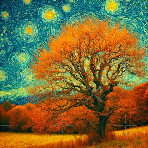 Fiery Autumn Tree - Orange and Red Fall Tree in Vincent Van Gogh’s Style by Star-Fragment | Redbubble Van Gogh Tree Painting, Van Gogh Orange, Van Gogh Cypress Tree, Van Gogh Wheat Field With Cypresses, Van Gogh Trees And Undergrowth, Red Fall, Painted Vans, California Coastal, Autumn Landscape