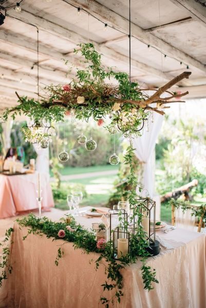 Whimsical wedding sweetheart table - blush table linens, with greenery + candles on the table and wooden chandelier with greenery {ShoeBox Photography} Wedding Decor Ceiling, Ivy Wedding, Hanging Centerpiece, Hanging Wedding Decorations, Wedding Ceiling, Sweetheart Table Wedding, Diy Wedding Cake, Wedding Table Linens, Wedding Charm