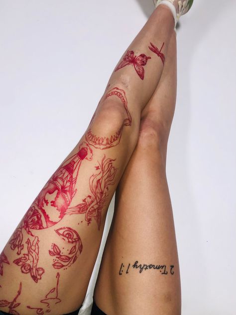 Red Tattoo Leg, Red Patchwork Tattoos, Red Leg Tattoo, Sleeve Leg Tattoo, Leg Tattoo Sleeve, Leg Tattoo Placements, Side Leg Tattoo, Calf Tattoos For Women, Pair Tattoos