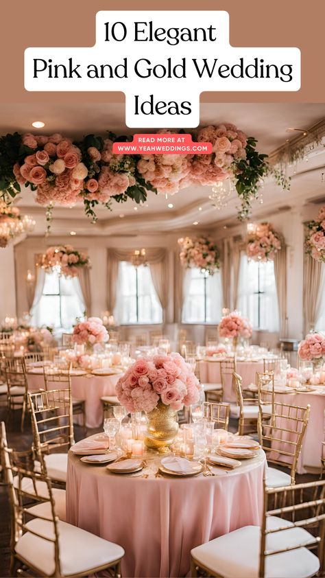 A beautifully decorated wedding venue with elegant pink and gold accents, featuring floral arrangements, table settings, and matching bridesmaid dresses in pink and gold hues. Champagne Pink Decorations, Champagne And Blush Pink Wedding Theme, Rose Gold And White Table Setting, Blush Pink And Gold Wedding Decorations, Pink Wedding Table Decorations, Gold And Peach Wedding Decor, Pink White And Gold Wedding Cake, Rose Gold/bush Champagne Gold And Ivory Wedding Reception Decor, Wedding Pink And Gold