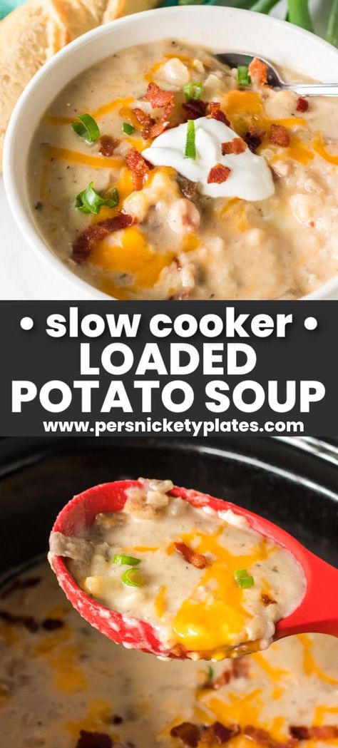 Slow cooker potato soup is thick, creamy, and tastes just like a loaded baked potato in the form of a warm and cozy soup! With just a few minutes of prep to sauté bacon and chop the potatoes (you don’t even need to peel them), it’s the crockpot that does all the work! Potato Soup In Crock Pot, Crockpot Loaded Baked Potato, Potato Soup With Ham, Baked Potato Soup Crock Pot, Slow Cooker Potato, Baked Potato Soup Recipe, Slow Cooker Potato Soup, Potato Bacon Soup, Slow Cooker Potatoes