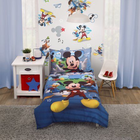 The Disney Mickey Fun with Friends 4pc toddler bedding set includes a comforter, fitted sheet, flat top sheet and pillowcase. In bold primary colors, featuring the lovable Mickey Mouse with his friends Donald Duck and Goofy. Color: Blue. Mickey Mouse Bedding, Mickey Mouse Bedroom, Disney Mickey Mouse Clubhouse, Preschool Girl, Big Kid Bed, Reversible Bedding, Toddler Bedding, Disney Toddler, Toddler Bed Set