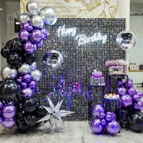 Look what I found on AliExpress Purple Silver Birthday Party, Purple And Dark Blue Party Decorations, Purple And Silver Event Decor, Purple Black Silver Birthday Decorations, Black Silver And Purple Party, Purple Black And Silver Centerpieces, 16 Birthday Party Ideas Purple And Silver, Lavender And Black Party Decorations, Purple Black And Silver Birthday Party