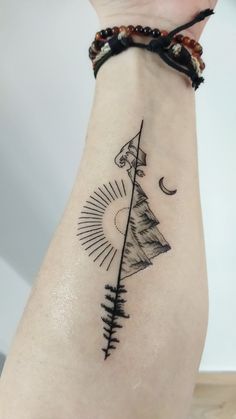 Symbols For Adventure, One Line Drawing Tattoo Ideas, Sun And Moon Arm Band Tattoo, Moon In The Sun Tattoo, Hand Nature Tattoo, Two Mountains Tattoo, Ankle Mountain Tattoos For Women, Mountain Sunflower Tattoo, Sun Moon Ocean Forest Tattoo