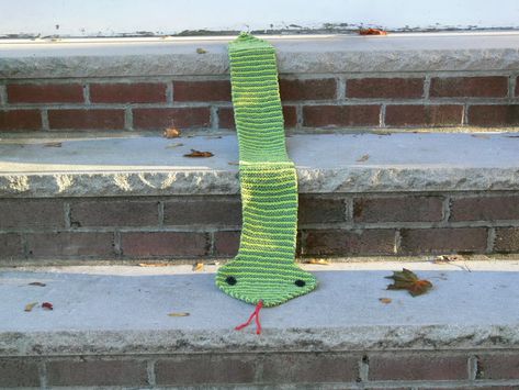 As promised, here is the finished garter snake scarf, with pattern so you can make your own! Finished Measurements Width: 4.5 inches Length: 40 inches (variable) Materials Lily Sugar 'n Cream Solid... Animal Scarves, Snake Scarf, Crochet Kids Scarf, Garter Snake, Cute Scarf, Hot Green, Easy Toddler, Cute Scarfs, Sock Knitting Patterns