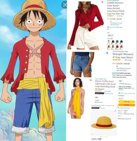 Luffy X Nami Halloween Costume, Anime Coustems, Luffy Costume Female, One Piece Diy Costume, Luffy Makeup Look, Luffy Outfit One Piece, Anime Cosplay Outfits Ideas, One Piece Costume Anime, Luffy Halloween Costume Girl