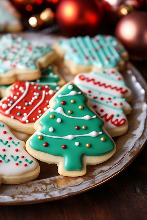 Christmas Cookies Icing Recipe, Christmas Shaped Cookies, Cutout Cookie Frosting, Royal Icing Christmas Cookies Ideas Easy, Christmas Iced Sugar Cookies, Christmas Sugar Cookie Icing, Cut Out Cookie Frosting, Pretty Christmas Cookies, Frosted Christmas Cookies