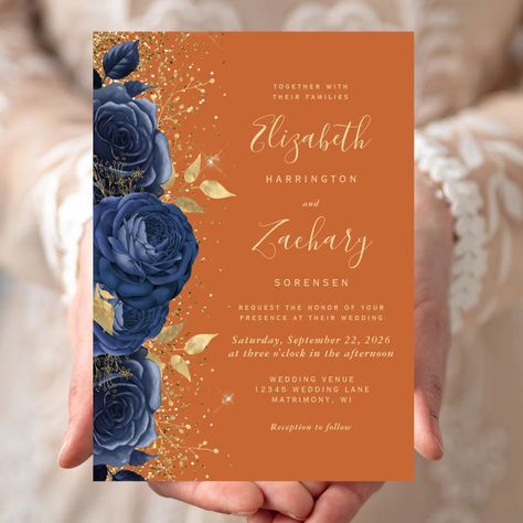 Floral Navy Blue Gold Burnt Orange Wedding Invitation | Zazzle Orange And Blue Wedding, Blue Orange Weddings, Blue Floral Bouquet, Orange Wedding Decorations, Burnt Orange Wedding, Orange Wedding Invitations, Burnt Orange Weddings, Elegant Modern Wedding, Afternoon Wedding