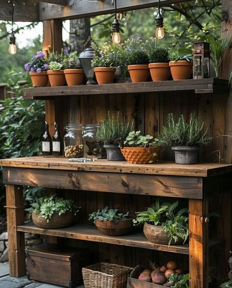 Potting Shed Interior Ideas, Potters Bench, Outdoor Storage Ideas, Garden Shed Interiors, Outdoor Potting Bench, Diy Outdoor Storage, Garden Sink, Potting Tables, Backyard Greenhouse