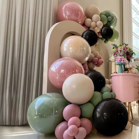 PRICES MAY VARY. 【Sage Green Balloon Garland Kit】You will get 18inch(sage green balloons 2pcs, black balloons 2pcs,white 2pcs, retro pink balloons 2pcs), 12inch(sage green balloons 30pcs, retro pink balloons 15pcs,white sand balloons 25pcs, black balloons 20pcs), 5inch(sage green balloons15pcs, retro pink balloons 10pcs,white sand balloons 15pcs, black balloons 15pcs)6pcs 120 glue points and 1pcs balloon arch strip. 【Sage green balloon arch kit】This sage green balloons arch kit is the neutral ba Jay Prada, Sage Green Balloons, Green Balloon Garland, Balloons Galore, Flower Shop Decor, Green Balloons, Balloon Prices, Balloons Arch, Pink Latex