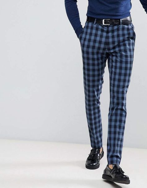 ASOS Super Skinny Suit Pants in Blue Plaid Check Blue Plaid Pants Outfit, Plaid Pants Outfit Men, Checked Pants Outfit, Mens Plaid Pants, Blue Plaid Pants, Plaid Pants Outfit, Checked Pants, Tartan Pants, Check Pants