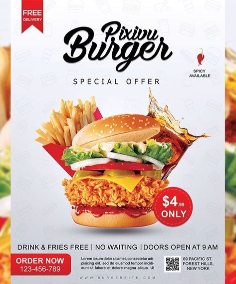 Restaurant Flyer Design, Burger Flyer, Restaurant Social Media, Adobe Photoshop Tutorial, Restaurant Flyer, Food Banner, Burger Restaurant, Food Menu Design, Food Advertising