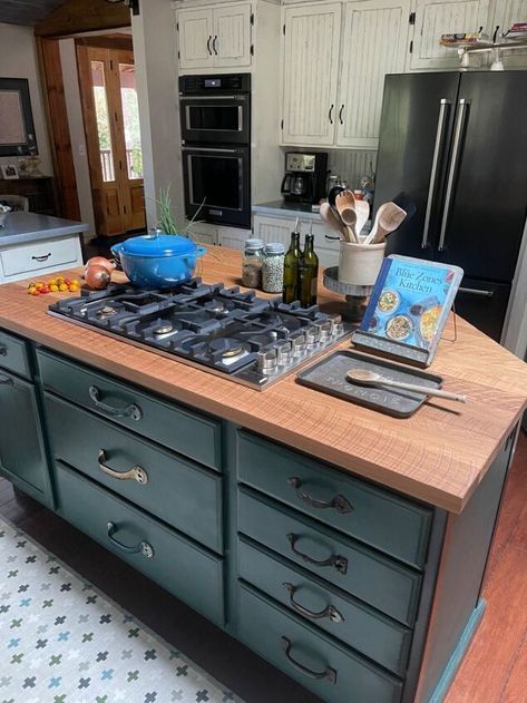 Due to a broken cooktop and vent system, it was time for a kitchen upgrade. We saved LOTS of money by doing this job ourselves. In this post, I'll give you an overview of how we did it in just one weekend!Here's the original look: Stove Top Separate From Oven, Kitchen Island With Oven And Stovetop, Kitchen Island With Stove Top, Butcher Block Cabinets, Flat Top Stove, Kitchen Island With Cooktop, Island With Stove, Kitchen Island With Stove, Island Cooktop