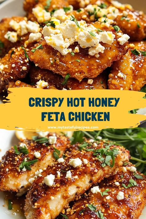 Dive into this Crispy Hot Honey Feta Chicken for a dinner that’s bursting with flavor! Tender chicken coated in crispy breadcrumbs and drizzled with hot honey, then topped with feta. It’s a delicious twist on a classic favorite! Healthy Dinner Recipes Feta, Cool Chicken Recipes, Easy Dinner Recipes Buffalo Chicken, Dinner Chicken Recipes Healthy, Crunchy Chili Feta Chicken, Delicious Chicken Dinner Recipes, Chicken Recipes With Hot Honey, Dinner Recipes With Honey, Chicken With Skin Recipes