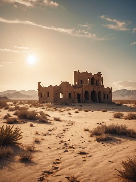 Castle in the desert Gold Desert Aesthetic, Desert Ruins Concept Art, Castle In The Desert, Middle East Desert, Desert Building, Desert Palace, Desert Castle, Desert Ruins, Fantasy Desert