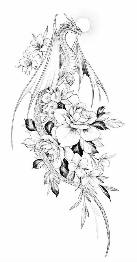 Dragon Tattoo With Flowers, Dragon Thigh Tattoo, Dragon Tattoo Art, Dragon Sleeve Tattoos, Body Decor, Dragon Tattoo For Women, Fantasy Tattoos, Hip Tattoos Women, Dragon Tattoo Designs