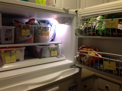 How I organized my small freezer to give equal space to my roommate and me. This will work well to keep like foods organized when I don't have a roommate. Roommate House, Small Freezer, Freezing Food, House Organization, Best Refrigerator, Refrigerator Organization, Apartment Organization, Organized Life, Recipe Organization