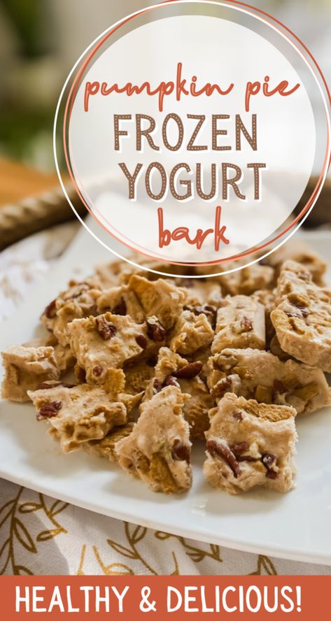 Easy fall pumpkin treat with real pumpkin! Healthy Greek yogurt & all the fall flavors in this frozen yogurt bark! Frozen Yogurt Bark Healthy, Pumpkin Pie Yogurt, Yogurt Dots, Toddler Snack Ideas, Frozen Pumpkin Pie, Yogurt Bark Recipe, Pumpkin Yogurt, Gail Gibbons, Meals Kids Love