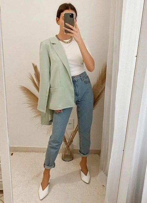 Green Smart Casual Outfit Women, Jade Blazer Outfit, How To Style Mint Green Blazer, Green Pastel Blazer Outfit, Mint Color Blazer Outfit, Seafoam Blazer Outfit, Sage Green Business Casual, Mint Suit Women Outfit, Mint Color Outfit Ideas