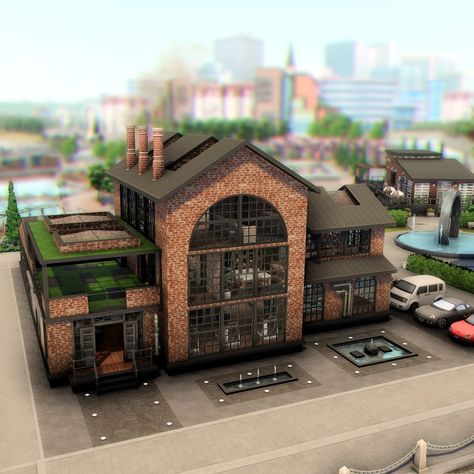 Converted Factory Home, Sims 4 Factory House, Industrial Loft Exterior, Sims 4 Gym Lot, Sims 4 Factory, Sims 4 Warehouse, Gym Exterior Design, Sims 4 Industrial House, Sims 4 Gym Build