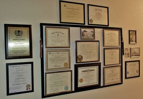 My Certification/Licenses/Achievement wall Certificates Wall Display Ideas, Certification Wall Display, Certification Aesthetic, Accomplishment Wall, Diploma Display Wall, Award Aesthetic, Awards Aesthetic, Achievement Wall, Certificate Wall