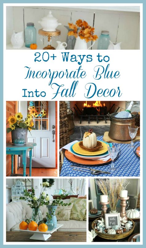 Incorporating Blue Into Fall Decor is easy and simple. From vintage blue bottles to beautiful wreaths to painting pumpkins and expand from there. Fall Canvas Art, Blue Fall Decor, Shabby Chic Fall, Fall Home Decor Ideas, Painting Pumpkins, Fall Acorns, Fall Fireplace, Mom Fall, Pumpkin Door Hanger