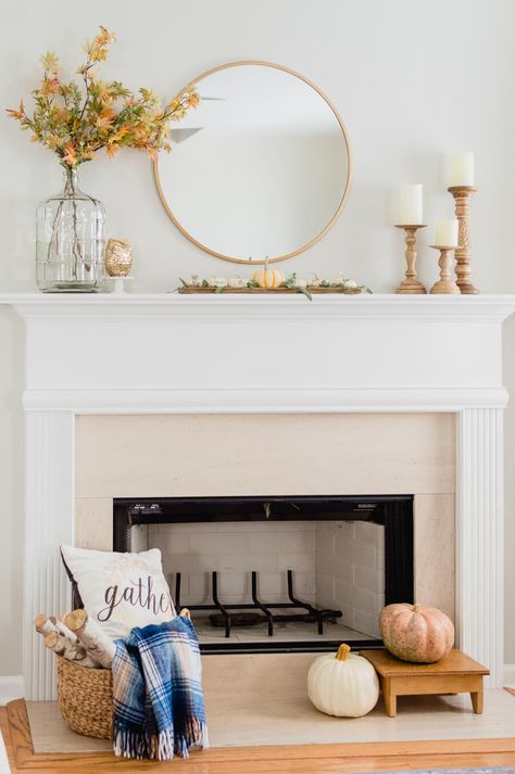 neutral and simple fall fireplace decor. #thehomeicreate #fallmantel #falldecor #falldecoration #falldecorideas #fireplaceupdate Jessalyn Grace, Design Camino, Fall Fireplace Decor, Remodel Farmhouse, Fall Fireplace, Mantel Decorating, Mantle Ideas, Fireplace Mantle Decor, Mantel Ideas