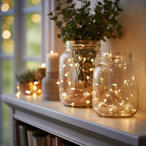 Fairy Lights For Shelf, Fairy Lights In Jar, Fairy Light Living Room Decor, Fairy Lights Christmas Decor, Twinkle Lights In Living Room, Twinkle Lights Kitchen, Fairy Light Living Room, Fairy Lights On Shelves, Sideboard Accessories