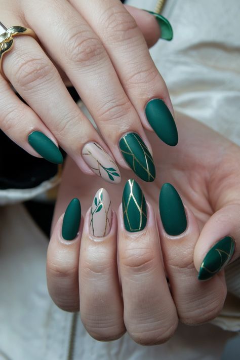 Embrace the essence of autumn with these chic forest green fall nail ideas that effortlessly capture the season's spirit. The deep, earthy tones paired with subtle gold accents create a sophisticated look, perfect for cozy gatherings and crisp days. These nails will have everyone asking for your secret! Get ready to showcase your style as you step into fall full of confidence. Forest Green And Gold Nails, Forest Green Nail Ideas, Autumn Nails Green, Green Accent Nails, Woodland Nails, Green Autumn Nails, Forest Nails, Forest Green Nails, Winter Nails Design