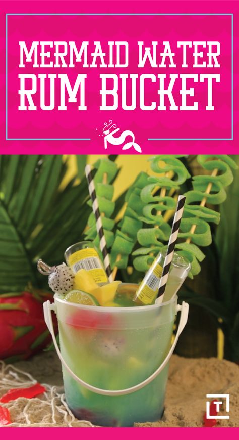 Really soak up the rays of the sweet summer sun with this whole entire rum bucket in hand(s). It's full of a bright blue Mermaid Water cocktail, and topped off with even more rum minis. Vacation Alcohol Drinks, Summer Bucket Drinks Alcohol, Drink Bucket Recipes, Summer Bucket Drinks, Boozy Bucket Recipes, Alcohol Bucket Drinks, Sand Bucket Alcohol Drink, Bucket Drinks Alcohol Party Ideas, Beach Bucket Drinks