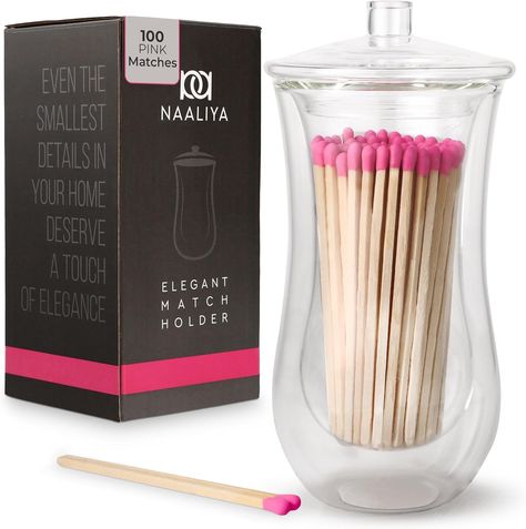 Amazon.com: Naaliya Decorative Matches in a Jar with Striker | 100 Long Matches for Candles (4 Inch Matches) | Elegant Double Wall Glass Match Holder with Striker | Pink Matches : Health & Household Matches In A Jar, Match Holder With Striker, Match Cloche, Long Matches, Decorative Matches, Fireplace Glass, Match Bottle, Waterproof Matches, Match Holder