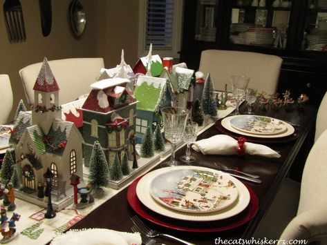 A Christmas tablescape with Pier 1's Christmas village Whispers Of The Heart, Retro Trailer, Christmas Village Sets, Santa And His Reindeer, Liqueur Glasses, Diy Dining Table, Christmas Village Display, Village Display, Christmas Tablescape