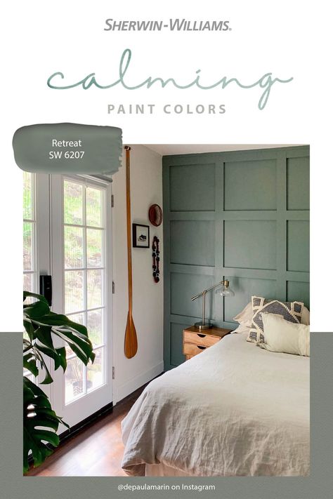 It's no surprise that this gorgeous green paint color from Sherwin-Williams is called Retreat SW 6207. Paint a bedroom accent wall to create a calming oasis you'll love waking up to.  #SWColorLove #diy #accentwall #decor #paintproject #green Sherwin Williams Green, Green Accent Walls, Green Paint Colors, Bedroom Accent, Sherwin Williams Paint Colors, Accent Wall Bedroom, Relaxing Bedroom, Bedroom Paint Colors, Bedroom Paint