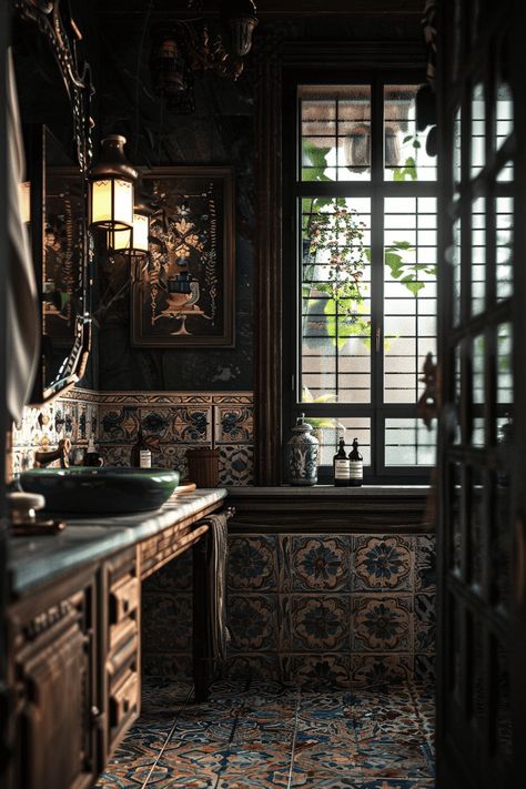 moody and vintage bathroom beautiful tiles Victorian House Bathroom, Dark Academia Bathroom, Dark Cottagecore House, Dark Academia Interior, Vintage Bathroom Ideas, Dark Bathroom Ideas, Gothic Bathroom, Jungle Bedroom, Beautiful Tiles