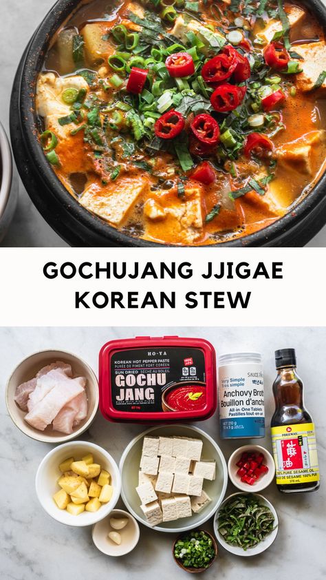 Bowl filled with Korean Gochujang Jjigae Tofu Soup Korean, Gochujang Stew, Gochujang Jjigae, Korean Stews, Gochujang Shrimp, Korean Tofu Stew, Sundubu Jjigae, Korean Stew, Sukiyaki Recipe