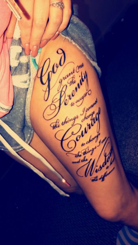 Serenity Prayer Tattoo Design For Women, Meaningful Words Tattoo, Serenity Prayer Tattoo Design, Serenity Prayer Tattoo, Serenity Tattoo, Prayer Tattoo, Words Tattoo, Bow Tattoo Designs, Girl Thigh Tattoos