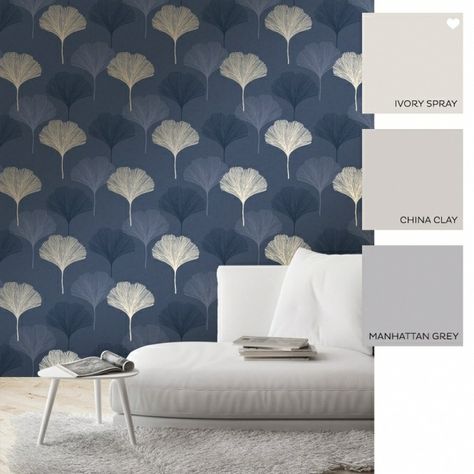 Gingko Wallpaper, Living Room Wallpaper Texture, Blue Wallpaper Living Room, Room Wallpaper Designs, I Love Wallpaper, Living Room Wallpaper, Hall Ideas, Wall Texture Design, Aesthetic Living Room