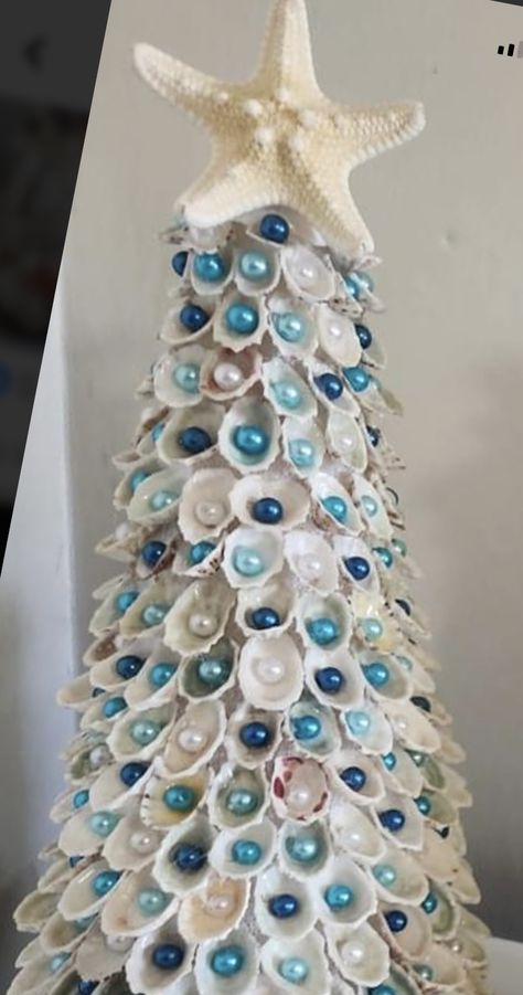 Seashell Christmas Trees, Shell Trees Coastal Christmas, Sea Shell Tree, Coastal Christmas Diy, Seashell Christmas Tree Diy, Sea Shell Ornaments To Make, Ocean Christmas Tree, Seashell Christmas Tree, Ocean Christmas