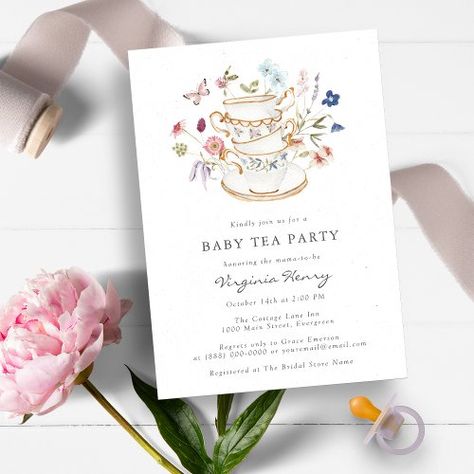 $2.04 | Tea Party Baby Shower #watercolor floral, baby shower invitations, baby girl, wildflower baby shower, tea party, whimsical garden party, pastel pink blue green purple, rustic flowers, vintage tea cups, cute butterfly Tea Party Baby Shower Invitations, Baby Tea Party, Baby Tea, Butterfly Baby Shower Invitations, Vintage Garden Parties, Butterfly Invitations, Wildflower Baby Shower, Boho Baby Shower Invitations