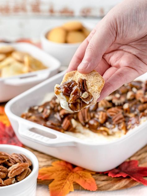 Pecan Pie Dip Entirely Elizabeth, No Bake Pecan Pie Dip All Recipes, No Bake Pecan Pie Dip, Pecan Pie Dip Recipe, Pecan Pie Dip, Pie Crust Chips, Entirely Elizabeth, Apple Pie Dip, Gooey Pecan Pie