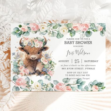 $1.90 | Cute Highland Cow Pink Floral Greenery Baby Shower #rustic greenery foliage botanical leafy, watercolor silver eucalyptus, chic elegant, whimsical, blush pink ivory white floral, garden roses flower, highland cow baby shower invitation, cute adorable fluffy cow, baby girl sprinkle party, editable template digital download Highland Cow Invitation, Hiland Cow Baby Shower Ideas, Boho Highland Cow Baby Shower Theme, Highland Cow Baby Shower Theme, Cow Baby Shower Theme, Cow Baby Shower Invitations, Cow Baby Shower, Highland Cow Baby