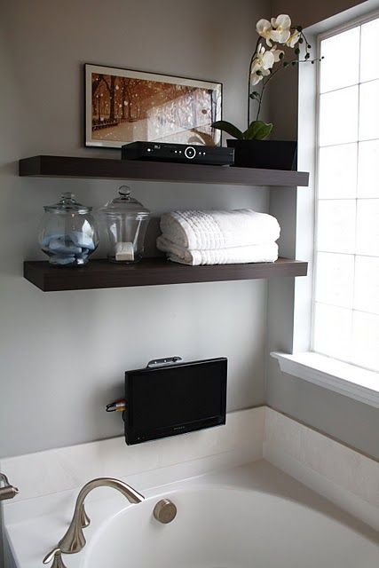 shelves above the tub in the master bathroom, yes! Wondering what to do with all that wall space. Vanity Shelves, Bathtub Decor, Rustic Bathroom Designs, Master Decor, Bathroom Redo, Trendy Bathroom, Rustic Bathroom, Bathtubs, Bath Tub