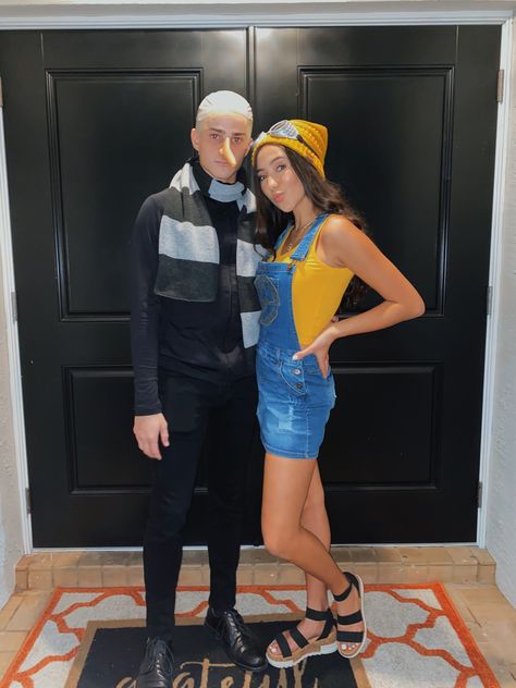 Matching Halloween Costumes For Couples Funny, Gru And Minion Halloween Costume, Gru And Minion Costume Couple, Gru Lucy And Minion Costume, Despicable Me Couple Costume, Gru And Lucy Halloween Costume, Minions Couple Costume, Minion Couple Costume, Gru And Minion Costume